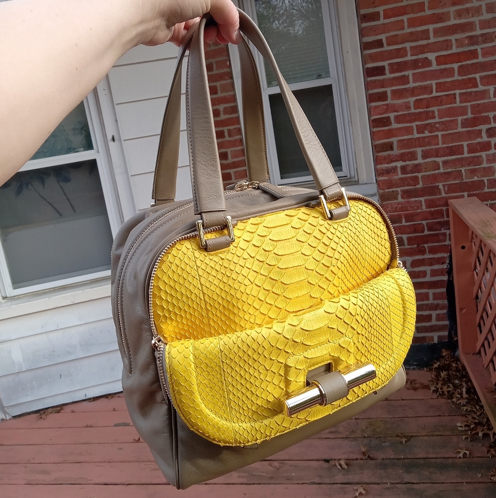 💖 RARE Jimmy Choo Justine Bag Taupe Leather Yellow Python - Picture 15 of 17